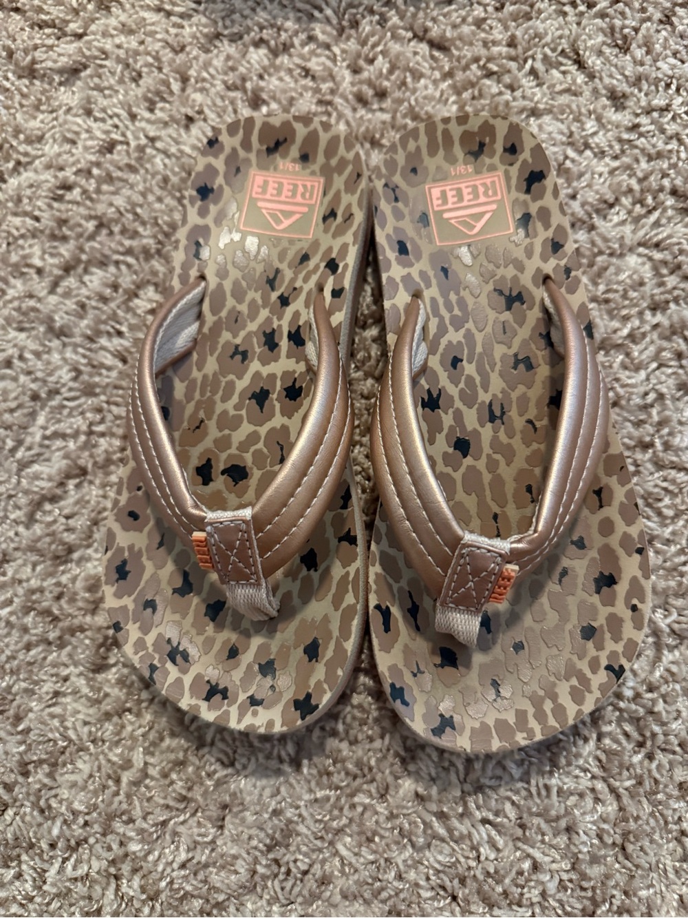 Reef Kids Leopard Print Flip Flops with Rose Gold Straps